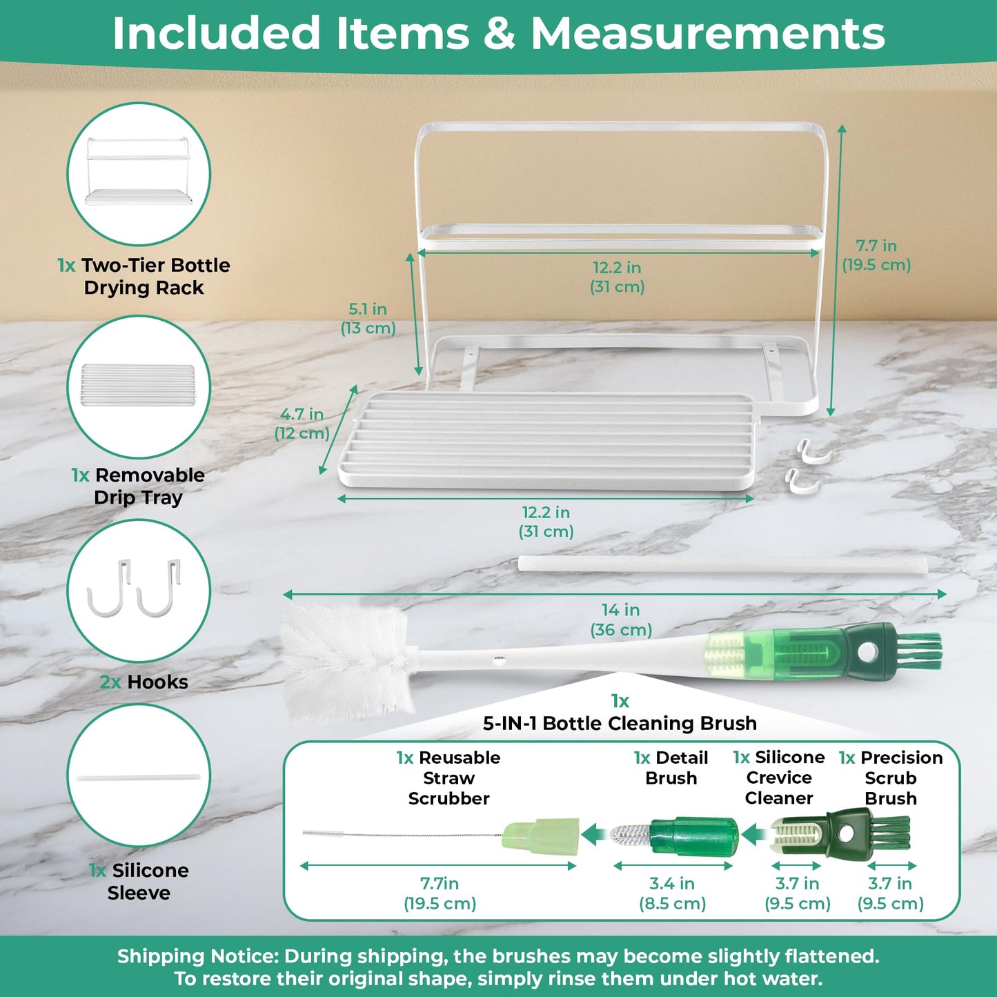 WAKUBON Cup Drying Rack for Counter, Water Bottle Drying Rack for Kitchen Counter, 2-Tier Tumbler, Mug and Glass Drying Rack with Drain Tray and 5-in-1 Cleaning Brush