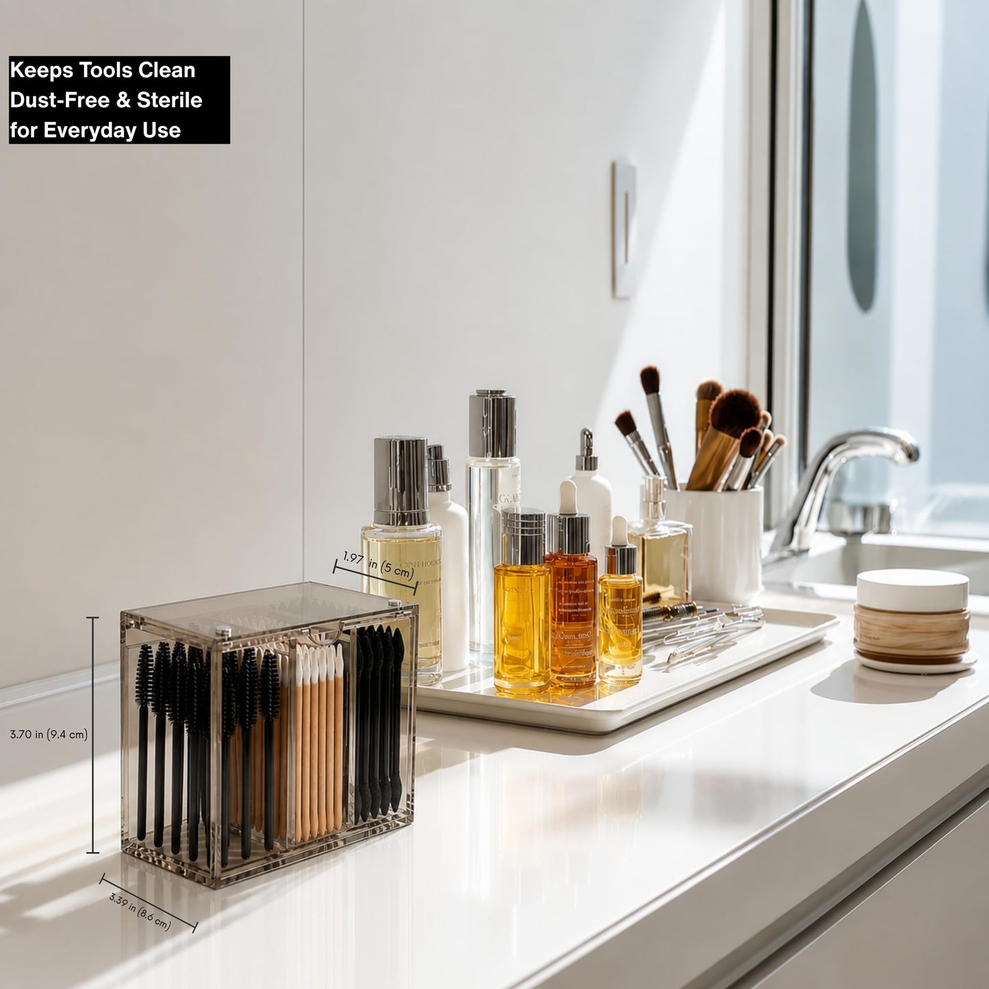 OR KO Dark Acrylic Makeup Organizer Box with Magnetic Lid Cover - 3 Compartment Acrylic Makeup Brush Holder & Cosmetic Organizer for Disposable Makeup Applicators, Brushes, & Mascara Wands