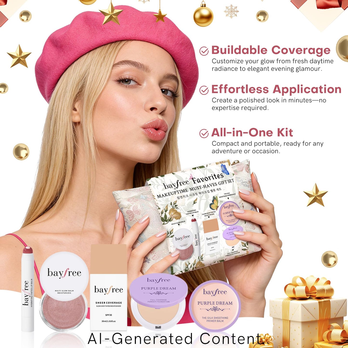 bayfree Original Kit Gifts Set for Women, Korean Makeup Set for Women & Beginners, Travel Make Up Kit Tinted Moisturizer Primer Lipstick Powder Multi Glow Balm with Makeup Bag, Vegan, Natural Finish