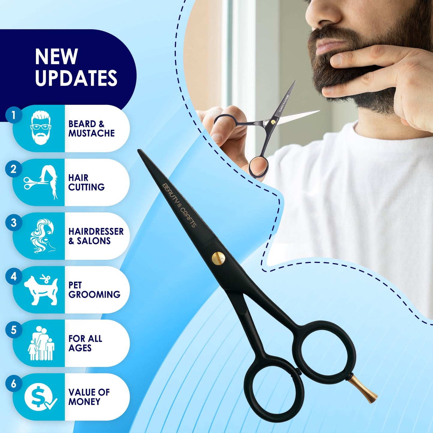 5'' Professional German Beard Scissors for Men- 2 Mustache Combs for Facial Hair with Beautiful Pouch & Tweezer - Mustache Scissors for Men Grooming, Cutting, Styling-Mustache Trimmer