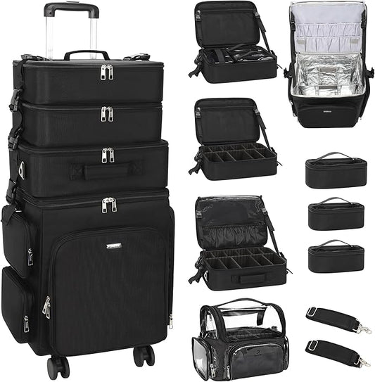 Relavel Rolling Makeup Case, 4 in 1 Hairstylist Traveling Bag with Clear Makeup Brush Case, Cosmetology Case on Wheels Large Hair Tools Cosmetics Train Case Makeup Artist Storage Organizer Trolley