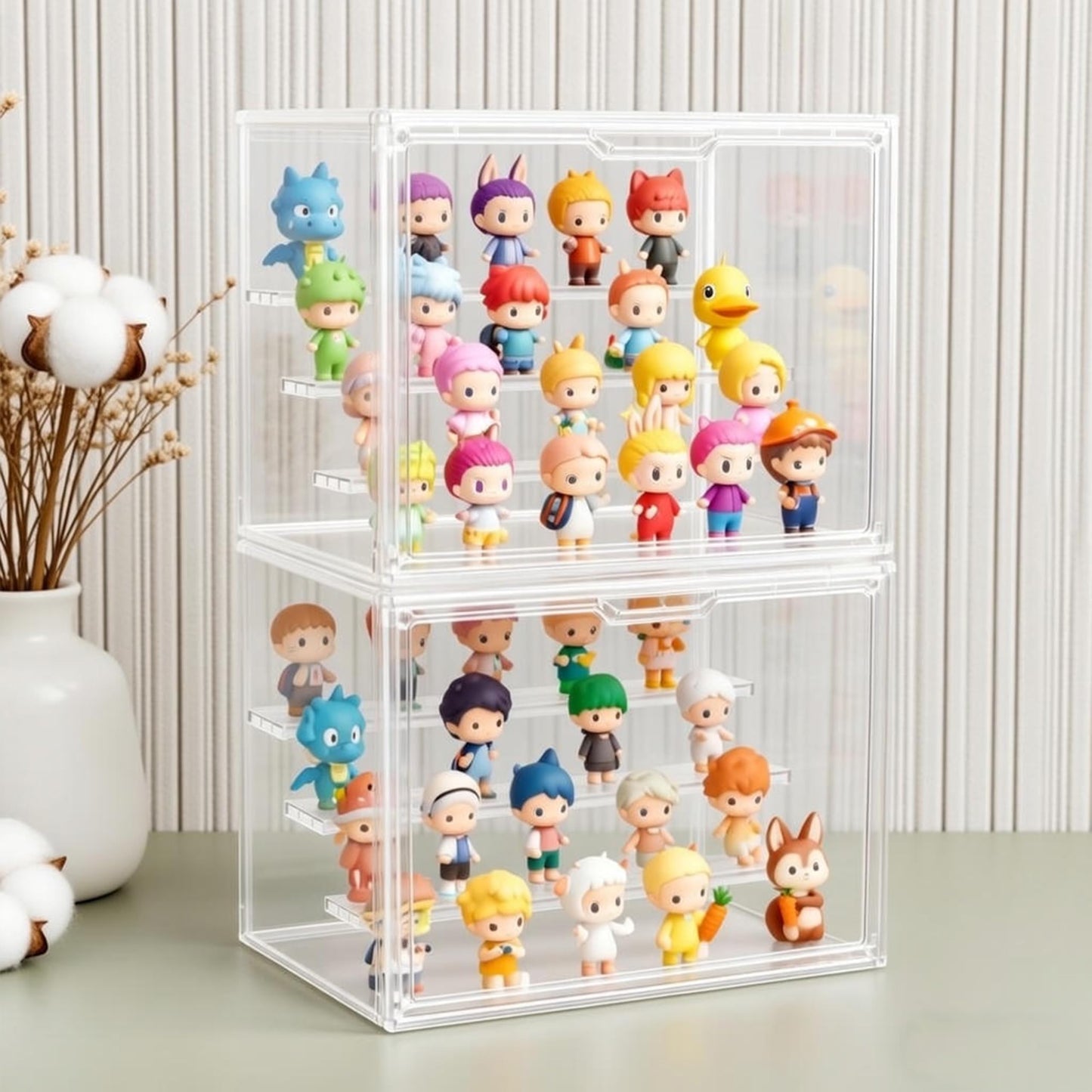 Clear Acrylic Display Case 2 Pack, Stackable 4-Tier Figure Showcase with 3 Movable Shelves, Interlocking Edges & Magnetic Door for Action Figures
