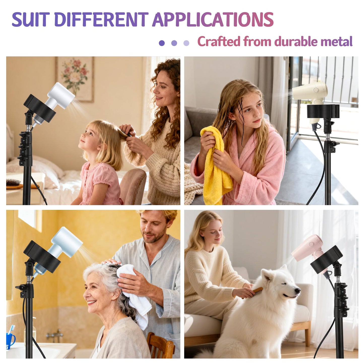Hands-Free Hair Dryer Stand for Home Blow Drying, DIY Styling, Salon&Live Streaming Ideal for Long Hair Women Busy Moms People with Arm Shoulder Pain 30-62 Inch Adjustable Height Tripod, 360° Rotation