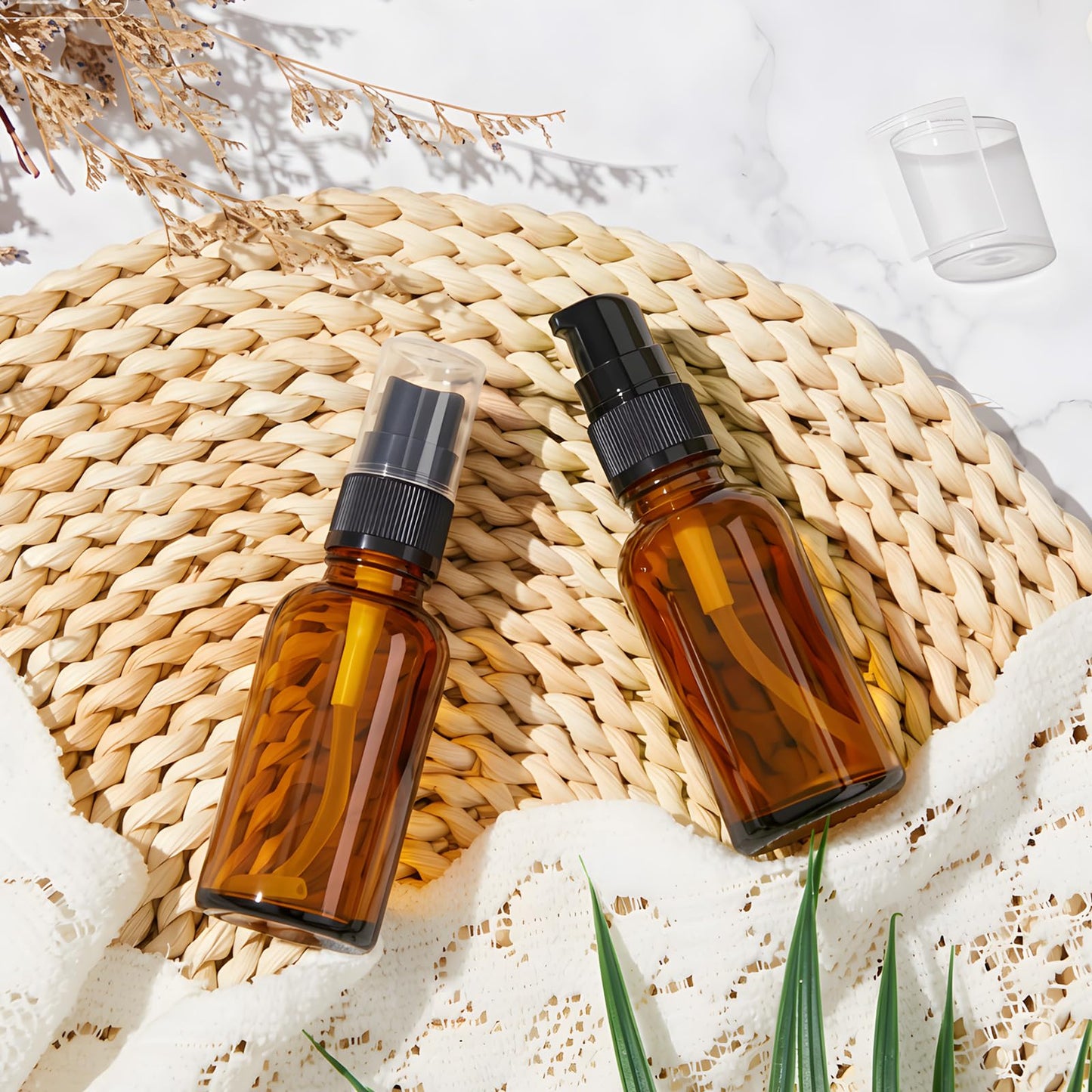 Roshtia 30 Pack 1oz Amber Glass Pump Bottles with Black Pump, Refillable, Leak‑Proof, 30ml Empty Travel Size Small Containers for Lotion, Cream, Essential Oils, Aromatherapy Liquids and More