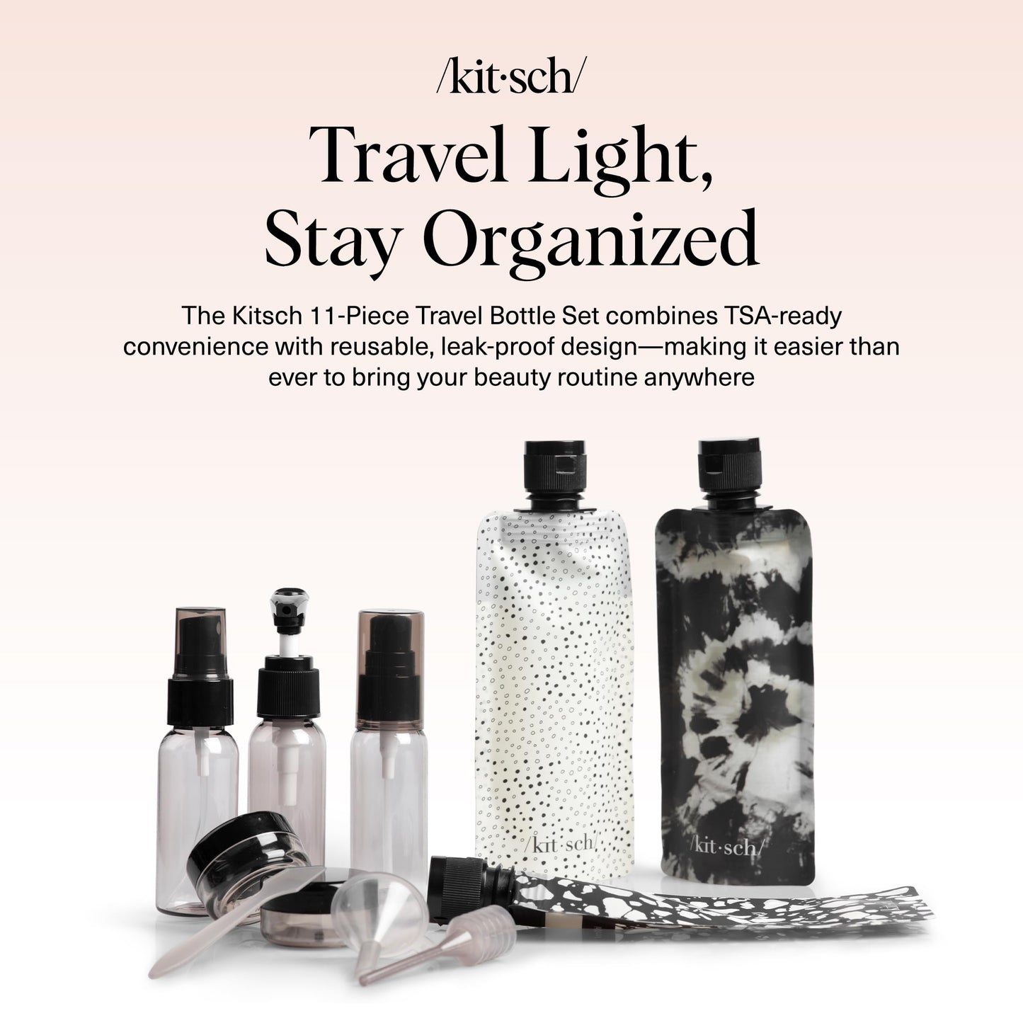 Kitsch 11 PCS Travel Containers for Toiletries – Travel Essentials Kit for Shampoo, & More - TSA Approved Bottles for Travel Size Toiletries, Leak-Proof Refillable Travel Containers - Black & Ivory