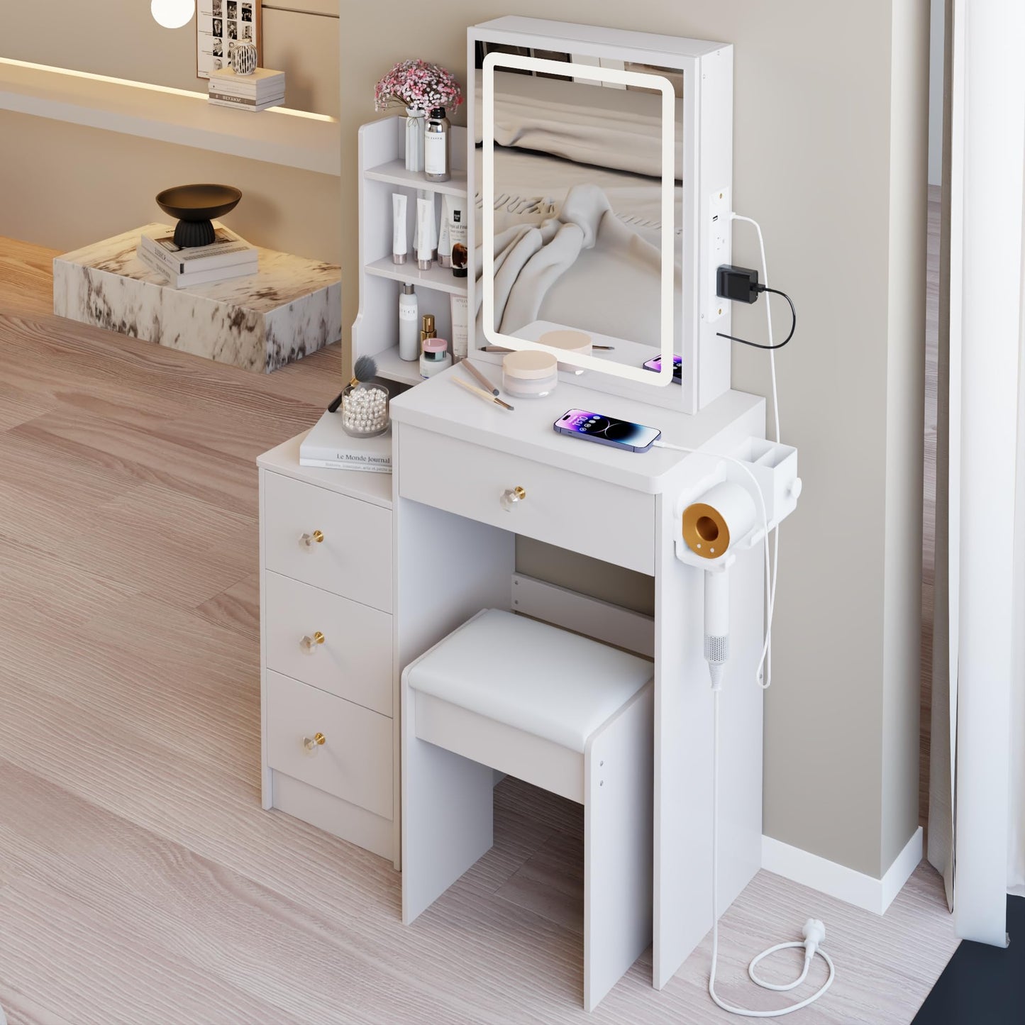 Ball & Cast 29.2" Small Size Vanity Mirror Desk with Lights and Cushioned Stool,Vanity Desk w/ 2 AC+2 USB Power Station,Hair Dryer Bracket,Large Touch Control Sliding LED Mirror,for Bedrooms,White
