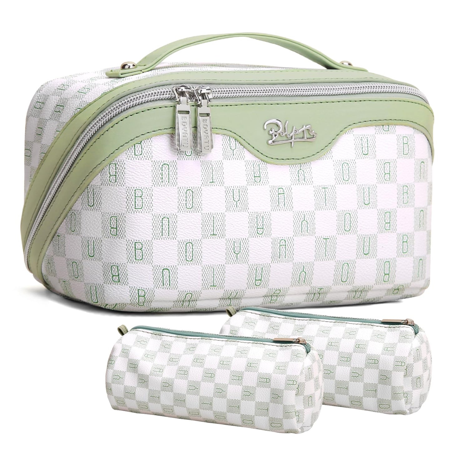 BOYATU Travel Makeup Bag Organizer Cosmetic Bag: 3 Pcs Set Make up Bags for Women with Handle - Waterproof Vegan Leather Toiletry Bags Travel Essentials Pouch with Compartments (H-06-Green)