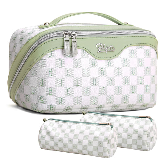 BOYATU Travel Makeup Bag Organizer Cosmetic Bag: 3 Pcs Set Make up Bags for Women with Handle - Waterproof Vegan Leather Toiletry Bags Travel Essentials Pouch with Compartments (H-06-Green)