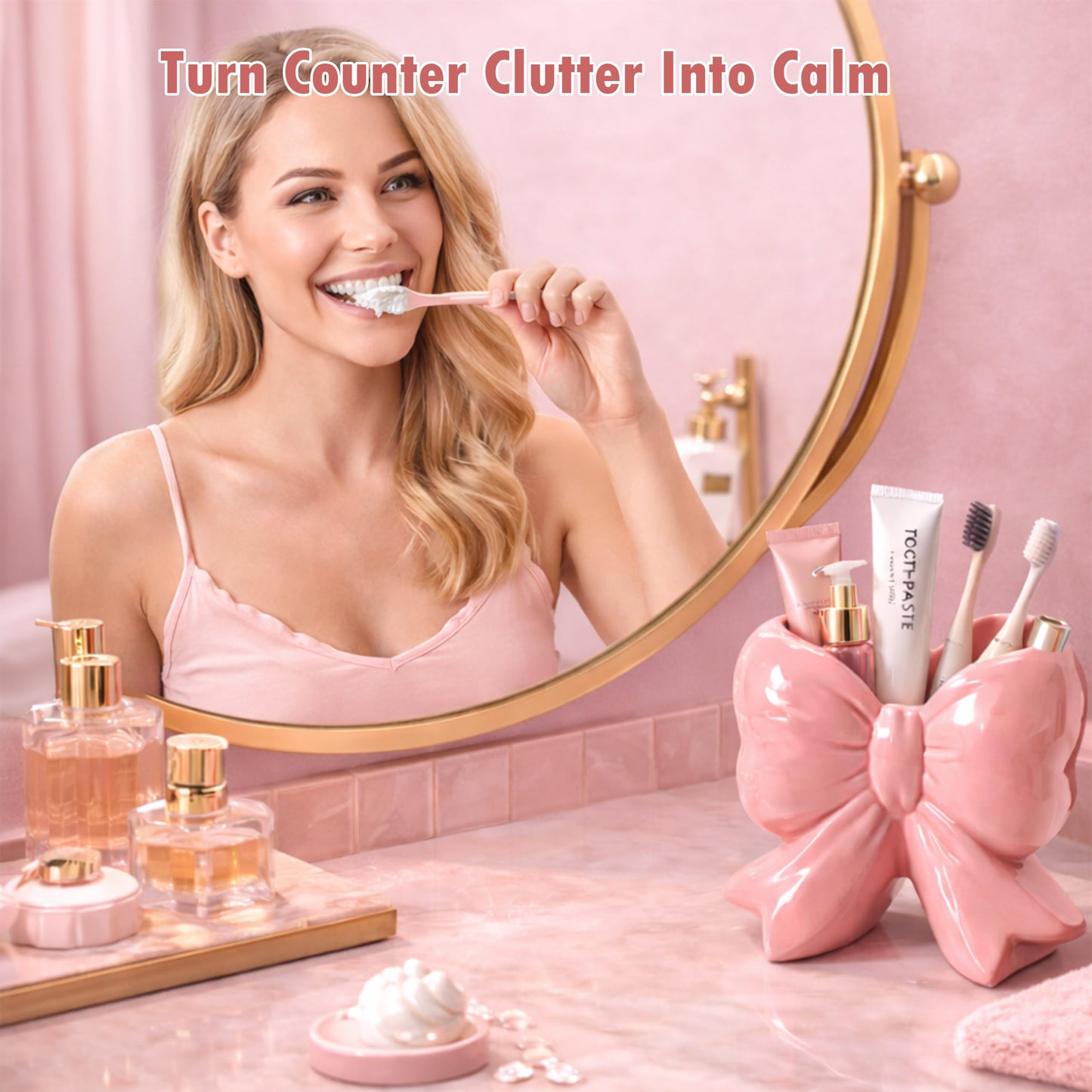 Pink Bow Toothbrush Holder, Ceramic Organizer Cup for Makeup Brushes & Pencils, Cute Small Bow Vase, Coquette Room Decor for Bathroom Vanity Desk Shelf, Gift for Women (Blush Pink)
