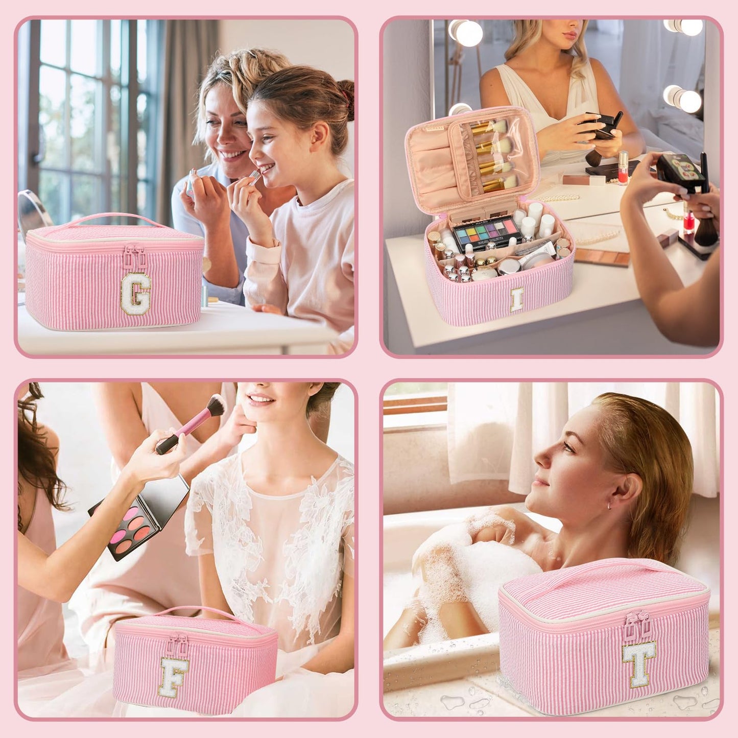 OCHEAL Makeup Bag for Women, Monogram Cosmetic Bag Pink Travel Makeup Case Beauty Toiletry Bag Organizer Personalized Gifts for Girls Bridesmaid, Sister, Wife, Friends Initial E