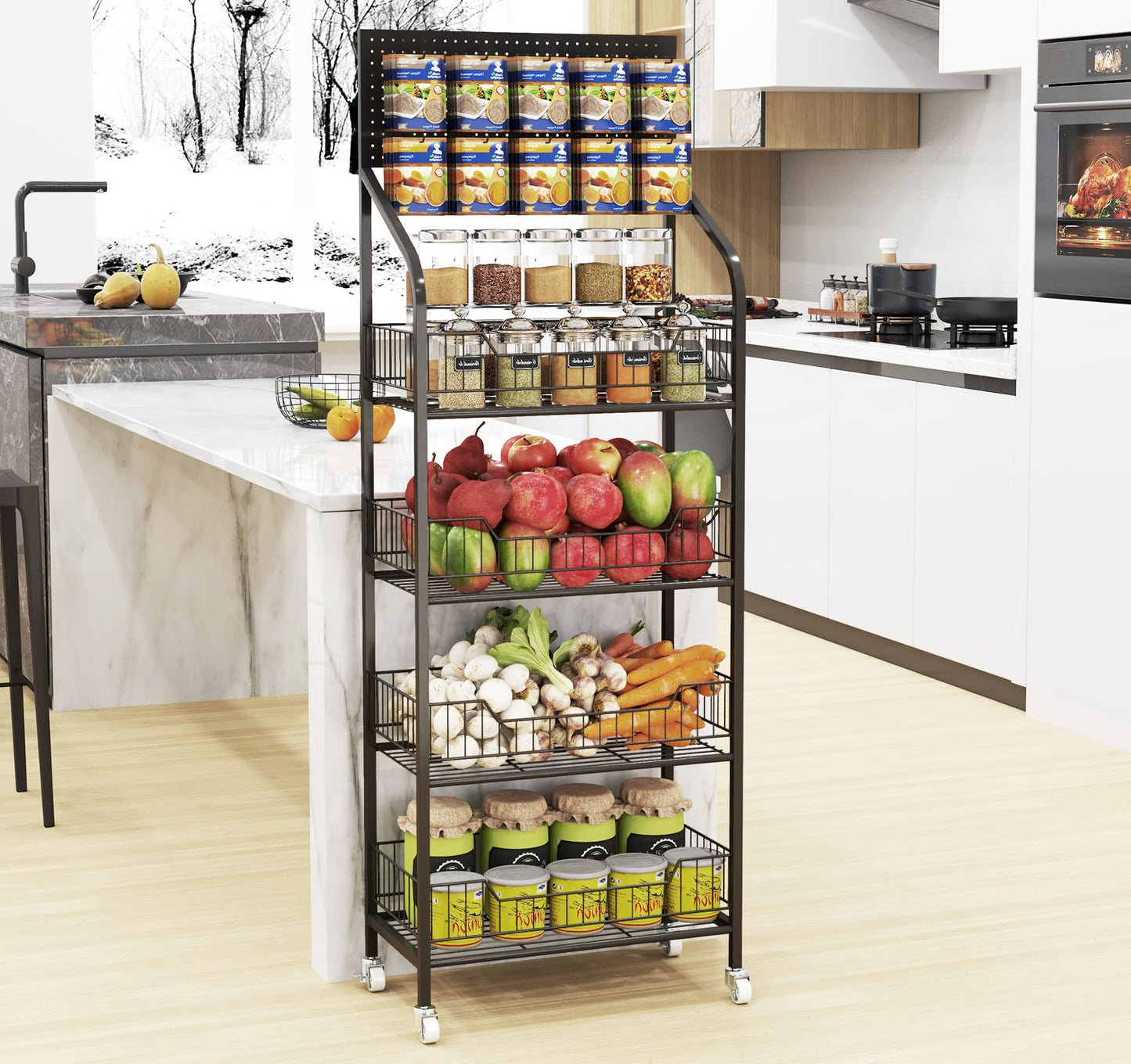 Nisorpa 4 Tier Supermarket Retail Display Racks, Free-Standing Metal Snack Candy Display Racks Shelf with Wheels Chips Rack Display Stand for Home Convenience Stores Kitchen, 19.6x56.2x10.6 Inches