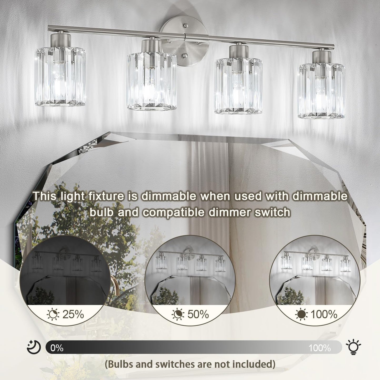 Kvhiiw Crystal Bathroom Light Fixtures, Bathroom Lighting Fixtures Over Mirror, Modern 4-Light Brushed Nickel Vanity Lights for Mirror, Restroom, Kitchen(Ceramic E26 Socket,Bulbs Not Include)