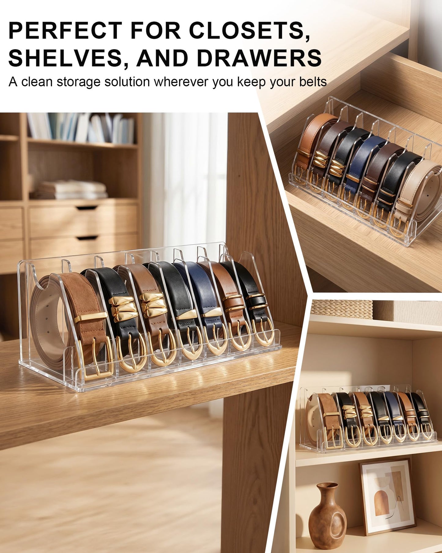 Acrylic Belt Organizer - Clear Belt Storage Holder for Closet with Removable Dividers - 7 Compartments and Display Stand