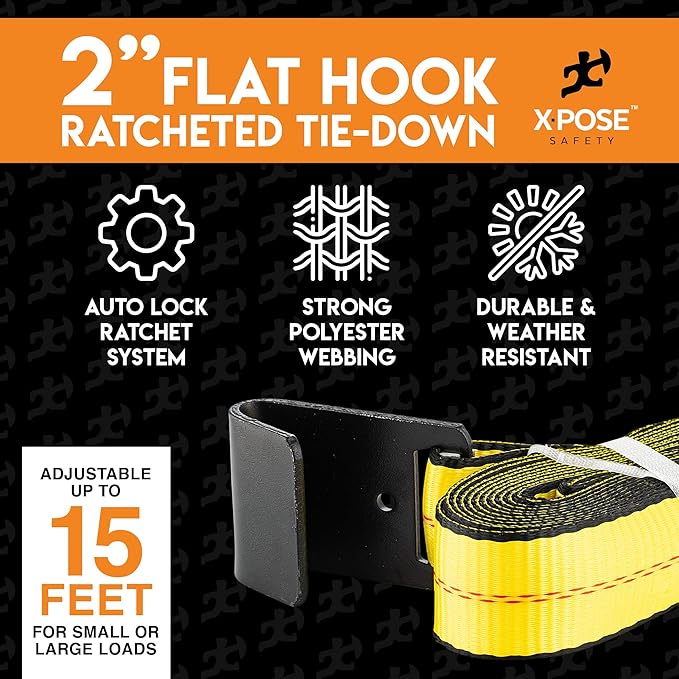 Ratchet Straps Heavy Duty 2" x 15' – 10,000 lbs Break Strength Tie Down Straps with Flat Hooks, Ratcheting Cargo Straps for Truck, Trailer, Kayak, Motorcycle & Moving – 4 Pack