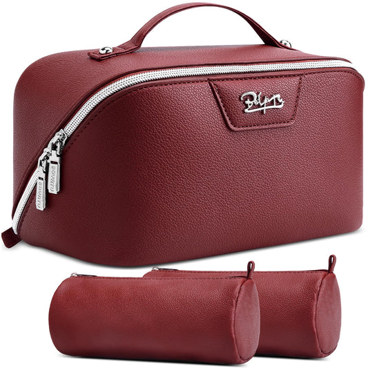 BOYATU Travel Makeup Bag Cosmetic Bags for Women: Large Capacity 3 Pcs Set Make up Bag with Compartments - Waterproof Vegan Leather Toiletry Organizer Bags with Handle (L29Red)