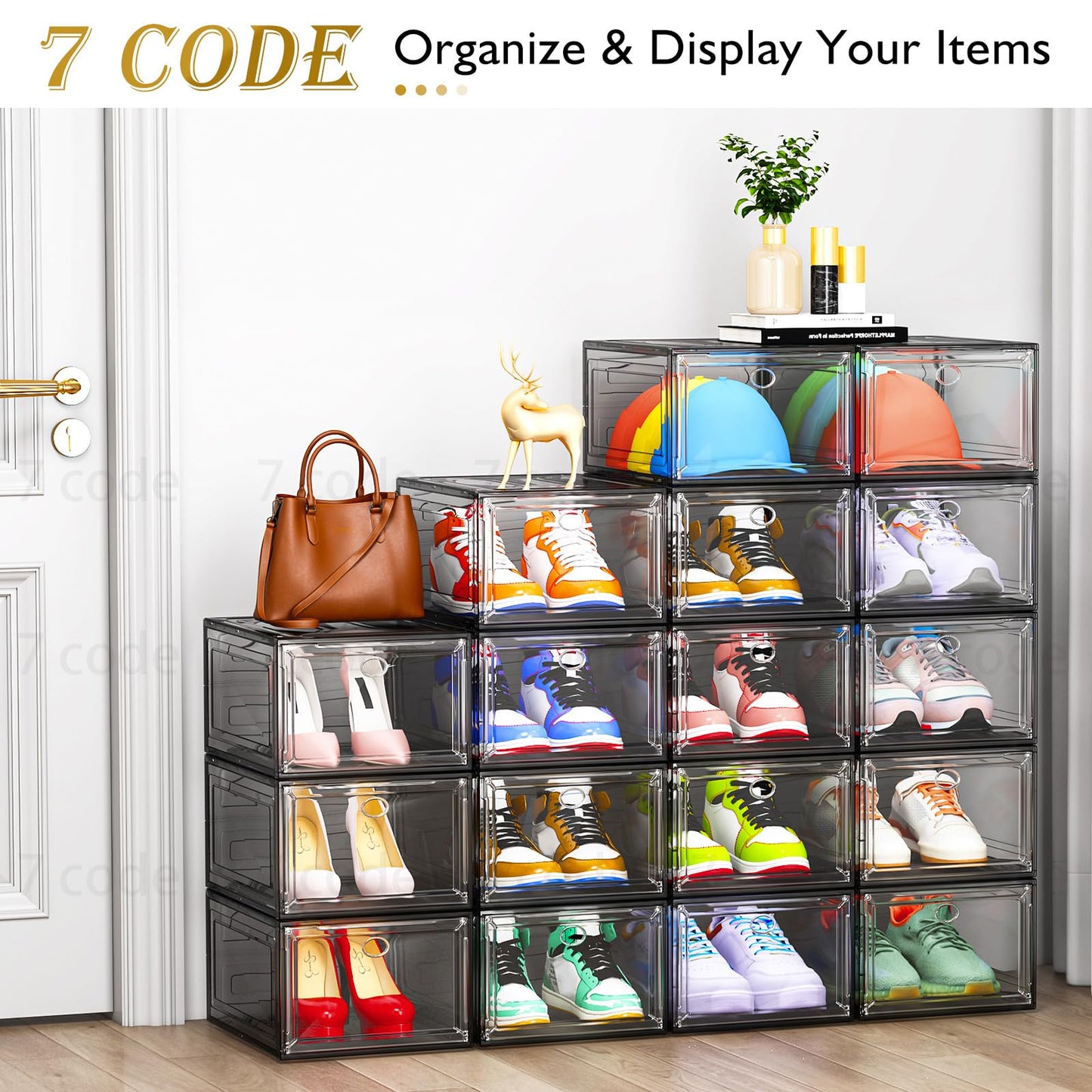 7 code Thicken & Sturdy Clear Shoe Storage Organizer with Magnetic Door, Stackable Boxes for Closet, Foldable Shoe Rack for Sneaker Boot Container, Plastic Shoe Cabinet Shoe Box 6 Pack, Black
