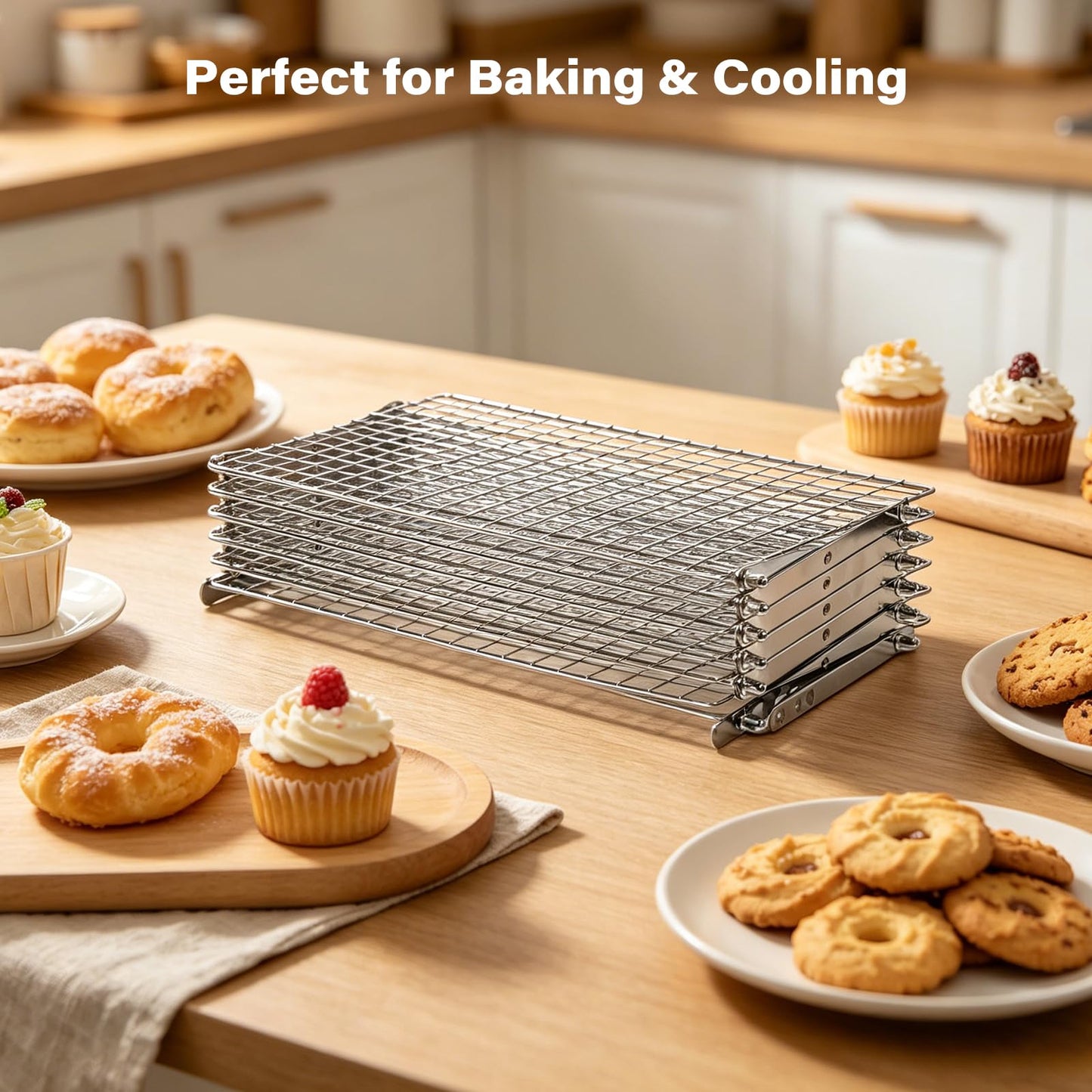 6 Tier Upgraded Collapsible Cooling Rack with Adjustable 3 Setting Design, Stackable Baking Rack with Clean Brush, Roasting Cooking Drying Wire Cooling Rack for Cookies Baking Roasting ＆ Grilling