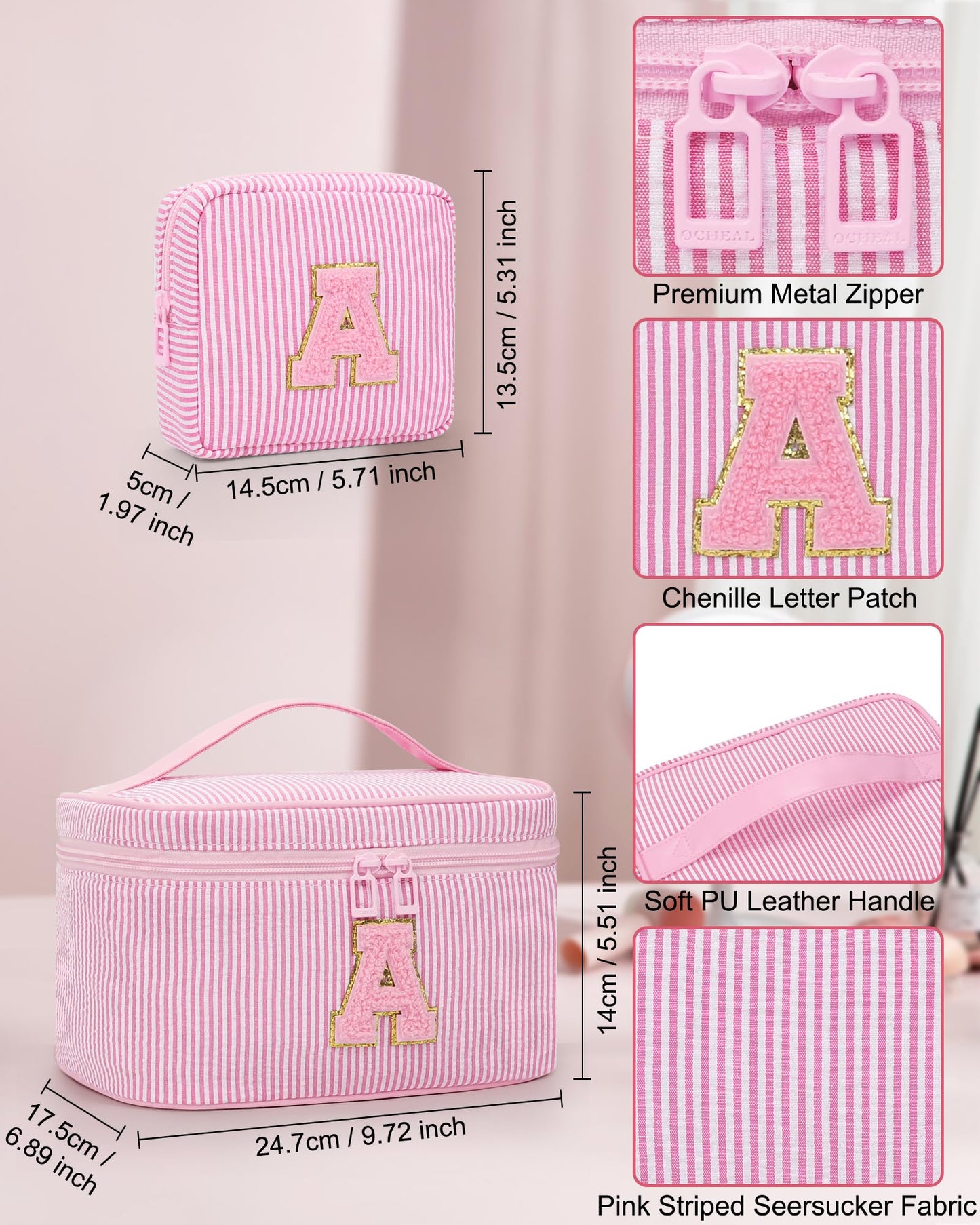 MONSTINA Initial Makeup Bag,Monogram Pouch Gifts for Teens,Personalized Cosmetic Bag for Girls&Women,Cute Letter Make Up Bag,Pink A