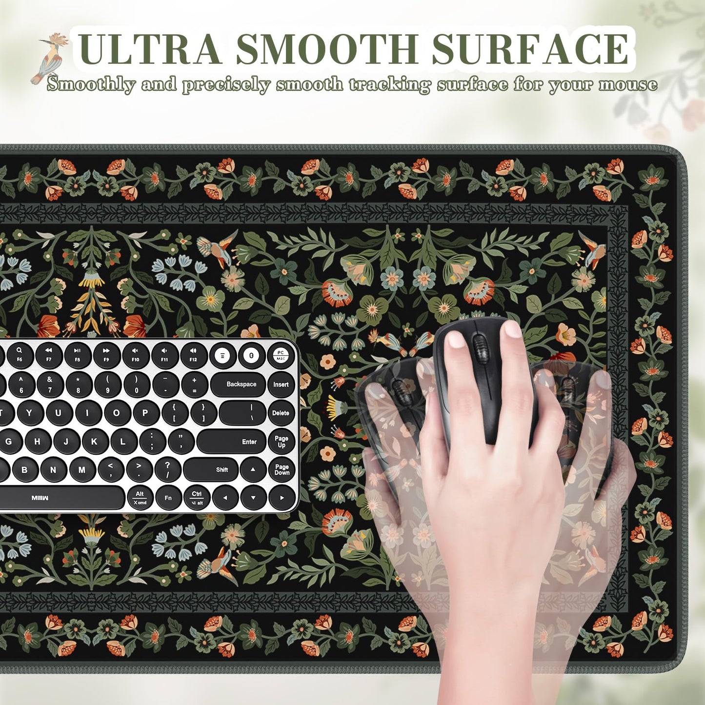 iCasso Desk Mat for Keyboard and Mouse, Large Mouse Pad, Desk Pad Mat, Anti-Slip Big Mousepad with Stitched Edges for Computer Desktop(Floral)