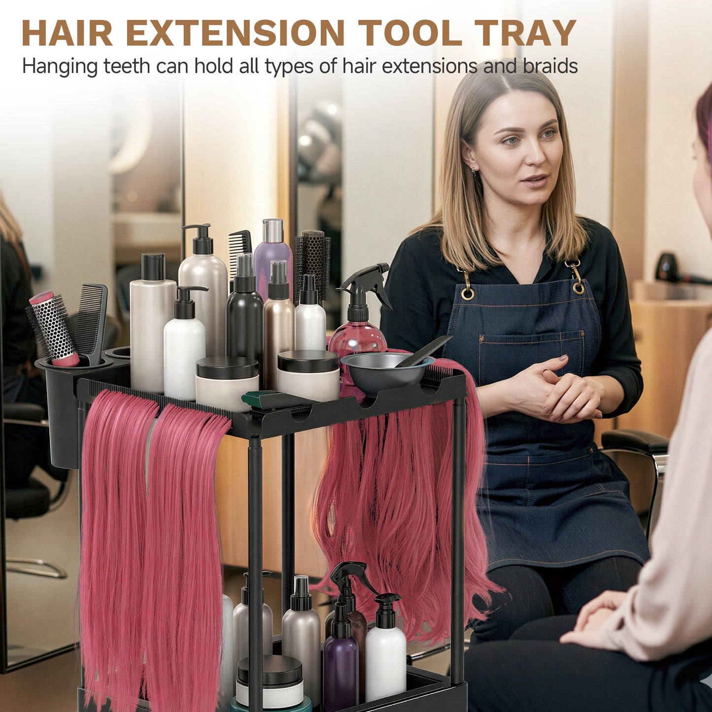 3 Tier Hair Extension Holder, Rolling Hair Extension Tool Trolley Cart, Wigs Styling Braiding Rack Separator Stand, Hairstylist Extensions Hanger Display Stand for Home Beauty Hair Salon Hairdressing