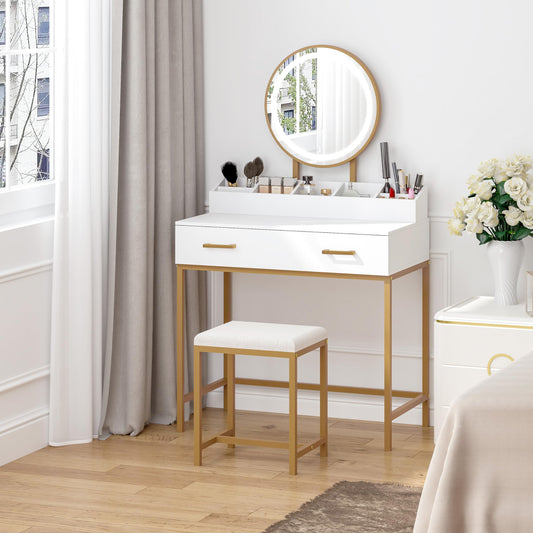 UTEX Makeup Vanity Desk with Mirror and Lights, Makeup Vanity Set with Drawers, Small Dressing Up Table, 3 Lighting Modes Dresser Desk and Cushioned Stool Set for Bedroom White and Gold
