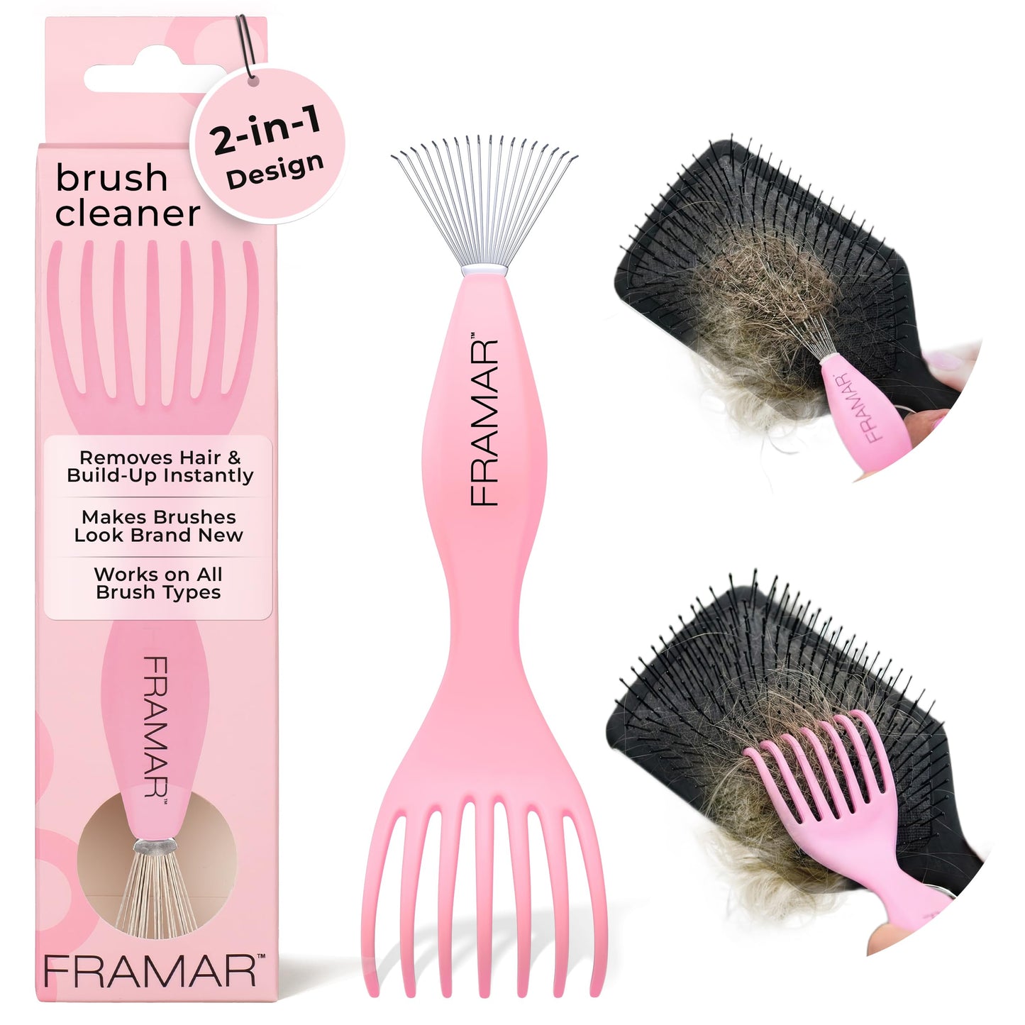 FRAMAR Premium Hair Brush Cleaner Tool – Hairbrush Cleaner Tool, Brush Cleaner Tool for All Types, Comb Cleaner – 2 in 1 Design Removes Hair & Build up Instantly – Pink