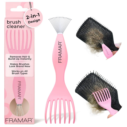FRAMAR Premium Hair Brush Cleaner Tool – Hairbrush Cleaner Tool, Brush Cleaner Tool for All Types, Comb Cleaner – 2 in 1 Design Removes Hair & Build up Instantly – Pink