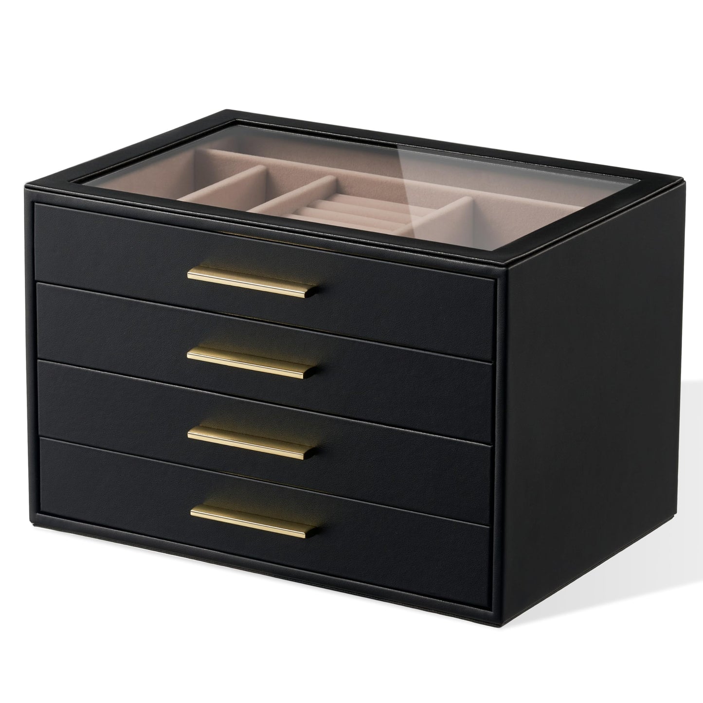 pickpiff Jewelry Box Organizer Case for Women: 4-Layer Jewelry Storage Case with Glass Window, Black Leather with Blush Velvet, Holder for Ring Necklace Bracelet Brooch Watch, Great Gift for Her