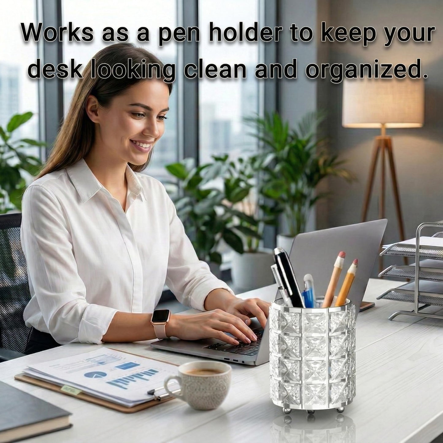LUGUNU Makeup Brush Holder with Silver Crystal Bling – Elegant Vanity Organizer for Brushes, Pens & Pencils, Ideal for Bathroom or Office Countertop(2Pack)
