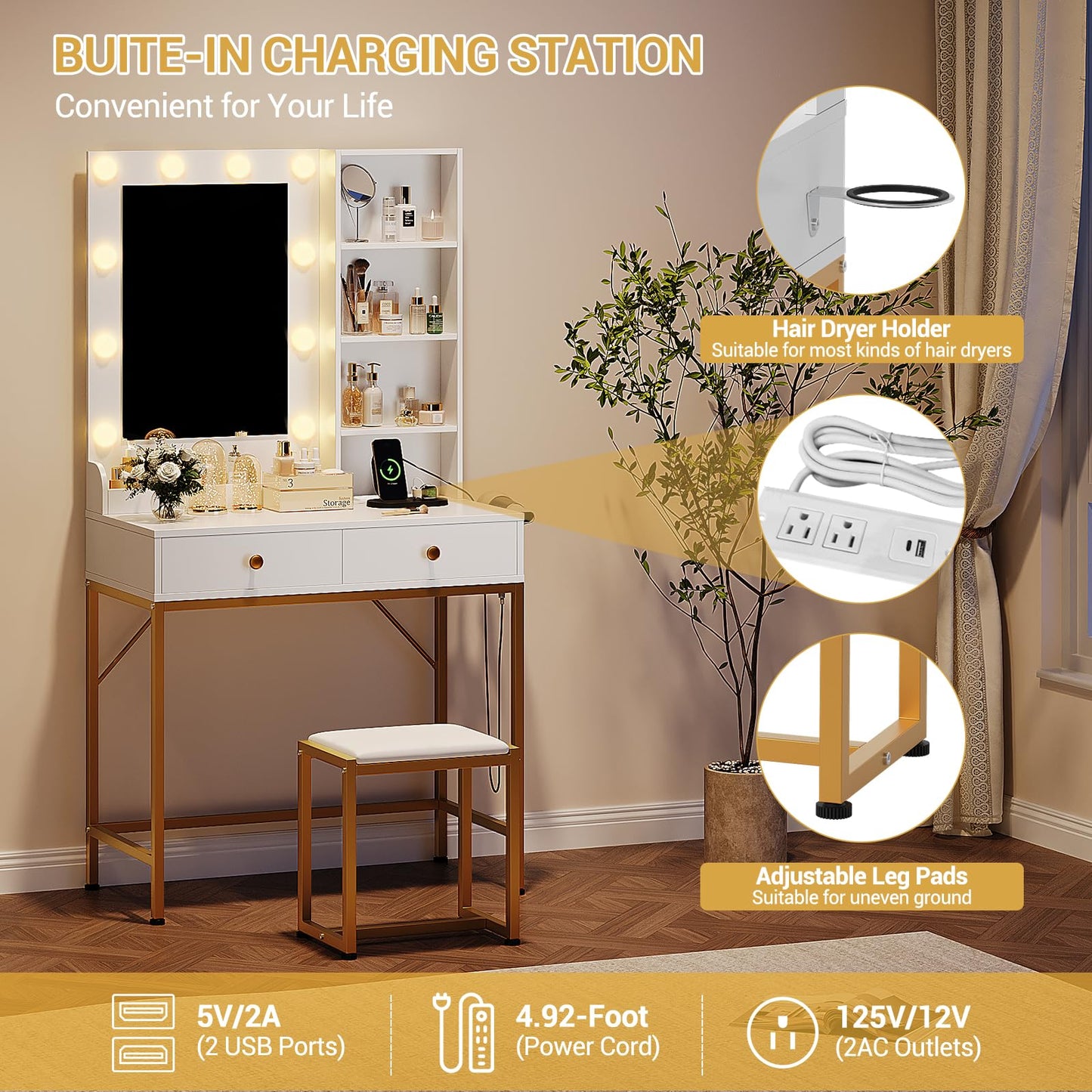 Garvee White Makeup Vanity Desk Set with Mirror, 3 Adjustable Lighting Modes, 2 Drawers, Built-in Charging Station & Stool for Bedroom & Dressing Room