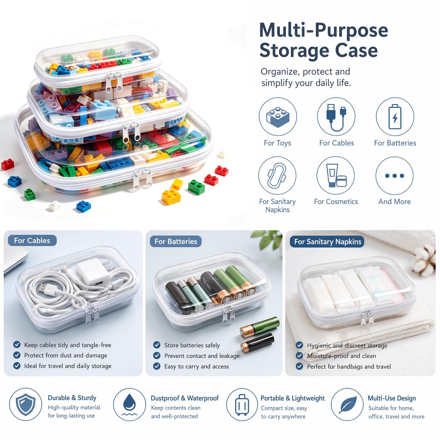 SXS LACONIC Clear Hard Plastic Zipper Case,Transparent Double Zippers Hard Pouch with 3pcs,Portable Travel Organizer Bin for Toy Storage