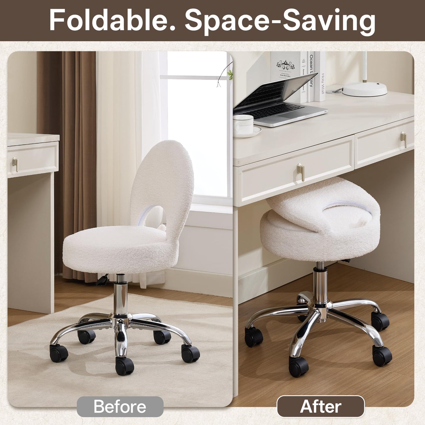 Forfutra Home Office Chair Foldable Vanity Chair Vanity Stool with Storage 15.8" Spacious Seat 360° Swivel Height Adjustable White