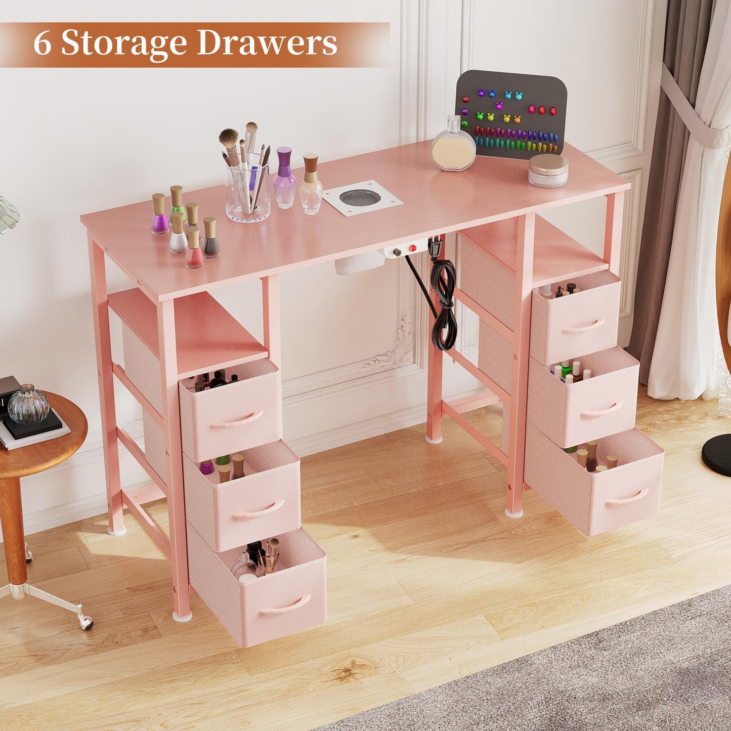 WODRAWER Manicure Table Nail Desk for Nail Tech, Nail Beauty Table w/Electric Dust Collector & 6 Storage Drawers & Open Shelves for Home, Workshop, Makeup Beauty Salon Workstation (Pink)