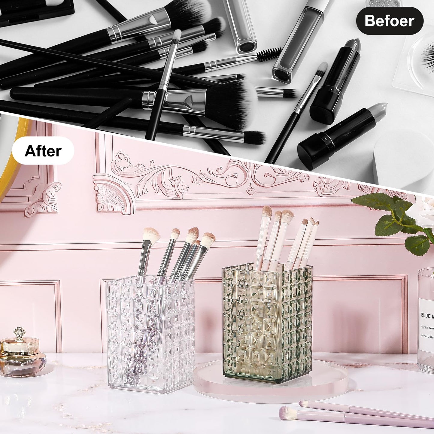 DASITON Makeup Brush Holder Organizer, Acrylic Makeup Brush Cup, Diamond Striped Make Up Brush Holder for Vanity, Bathroom Countertop, Toothbrush Holders, Pen Holder for Desk Storage (Clear)