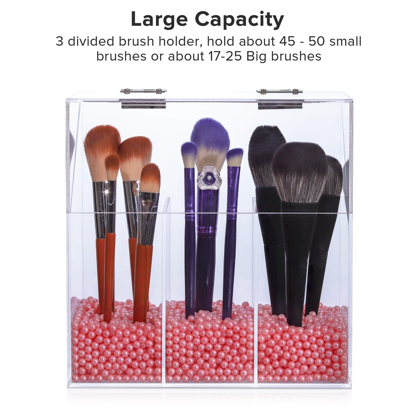 LOHRYVIO Acrylic Makeup Brush Holder with Lid - Clear Cosmetic Make up Brush Organizer and Storage Box with Dustproof Cover for Vanity - Large Capacity 3-Slots Container for Brushes (White)