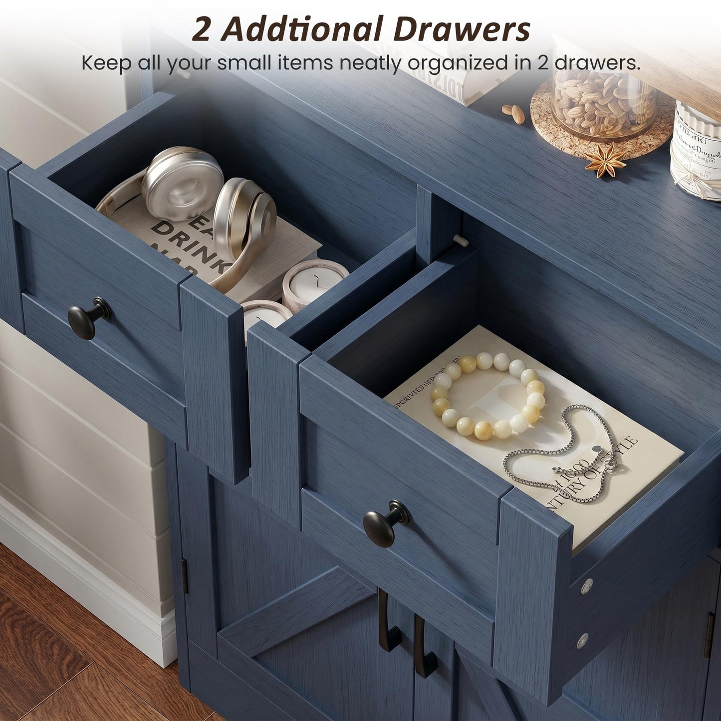 Befrases Farmhouse Blue Storage Cabinet with Barn Doors and Drawers, Small Freestanding Kitchen Pantry Cabinet, Hutch Cupboard for Kitchen, Laundry, Living Room,Bathroom