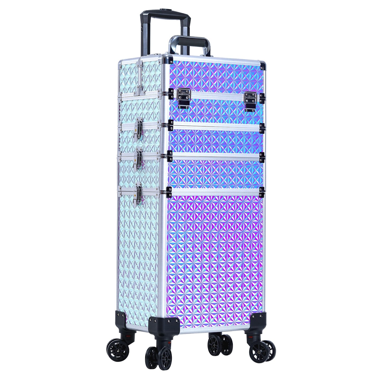 AROUS 5 in 1 Rolling Makeup Train Case Cosmetology Case on Wheels Large Cosmetic Organizer Travel Cart for Hairstylist Artist Nail Beauty Salon Barber,Silver