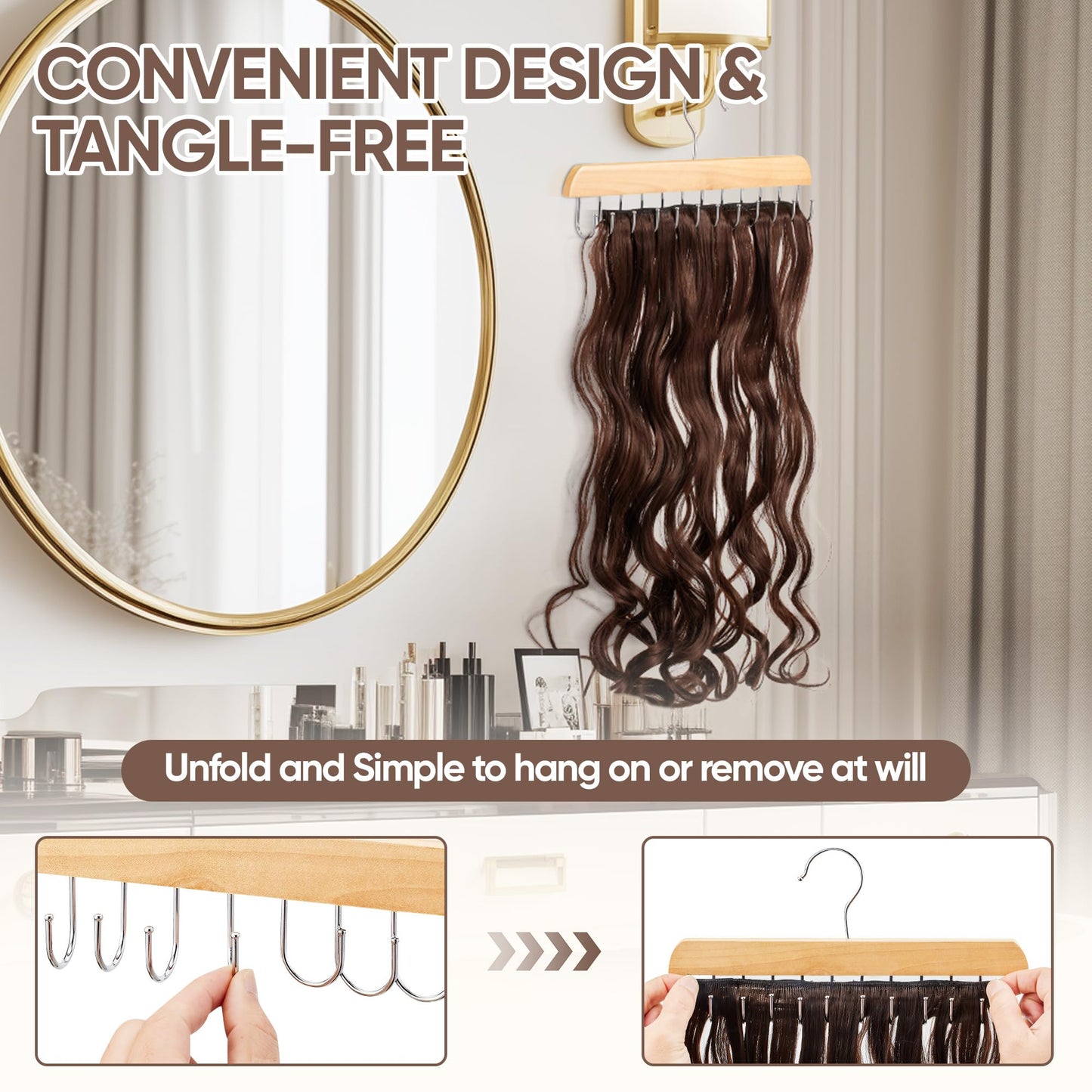 【2 Pack】 Wood Hair Extension Holder for Hair Storing, Washing, Drying, Coloring, Styling, Foldable Hair Extension Hanger, Braiding Hair Rack, Rotating Multi-Purpose Hooks Hanger