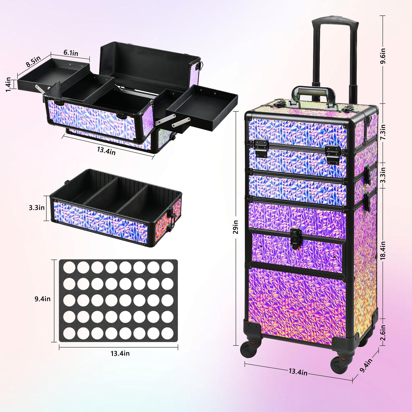 GALHUBIS Makeup Train Case with Drawer, Rolling Makeup Case, Cosmetology Case on Wheels, Gift, Large Makeup Case Organizers, Professional for Salon Barber, Nail, Tattoo, Black Colourful