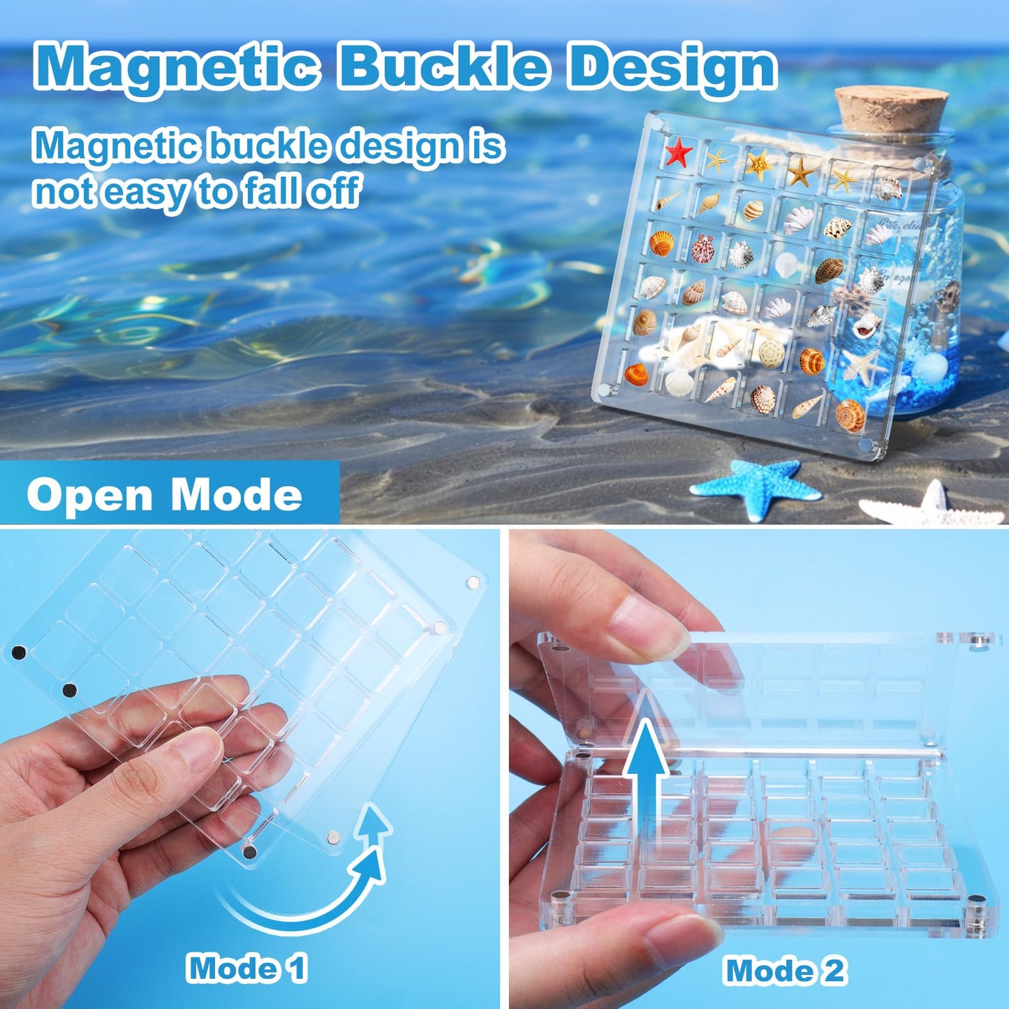 XANGNIER Acrylic Magnetic Seashell Display Box,Clear Sea Shell Display Box,Beach Magnet Storage Organizer Case for Seashell Diamond Beads,72 Grids,Transparent,2 Pack