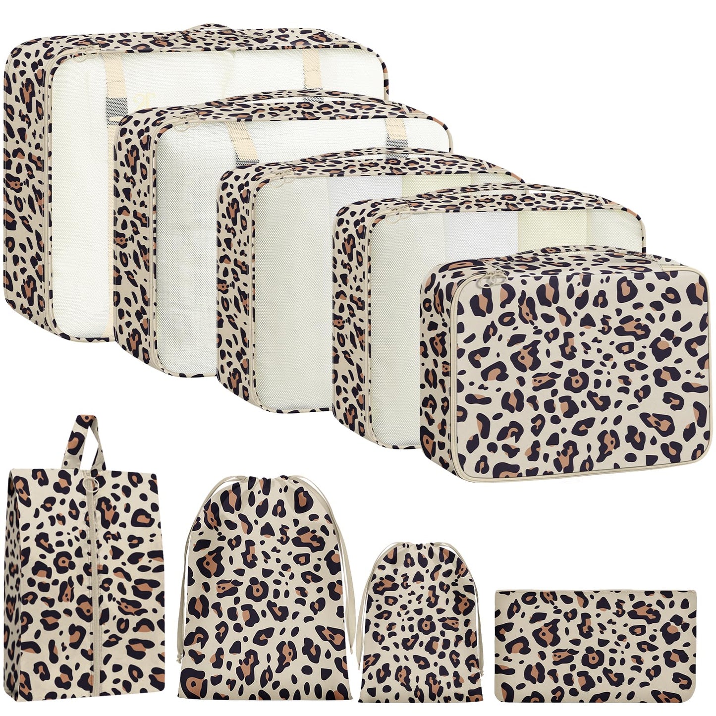 Woobolsalike 9 Set Packing Cubes for Travel Essentials - Lightweight Carry-On Luggage Organizer Bags with Shoe, Clothes & Laundry Bags for Airplane, Family & Business Travel, Leopard print