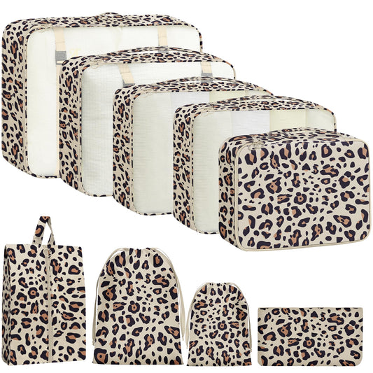 Woobolsalike 9 Set Packing Cubes for Travel Essentials - Lightweight Carry-On Luggage Organizer Bags with Shoe, Clothes & Laundry Bags for Airplane, Family & Business Travel, Leopard print