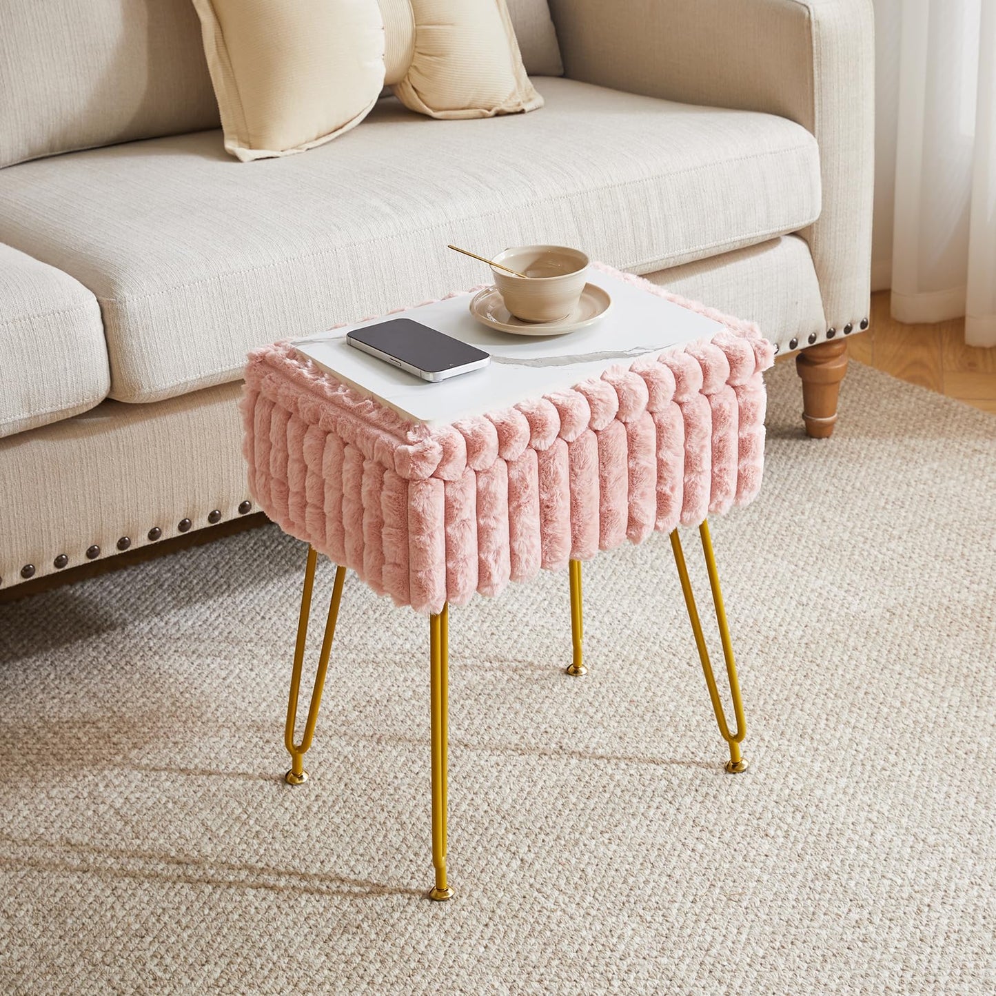 IBUYKE Rectangle Vanity Chair with Storage Space, Footrest Footstool Ottoman, Vanity Stool, Dressing Table Chair, with Anti-Slip Feet, for Makeup Room, Bedroom, Square Grid Pattern, Pink WBD004P