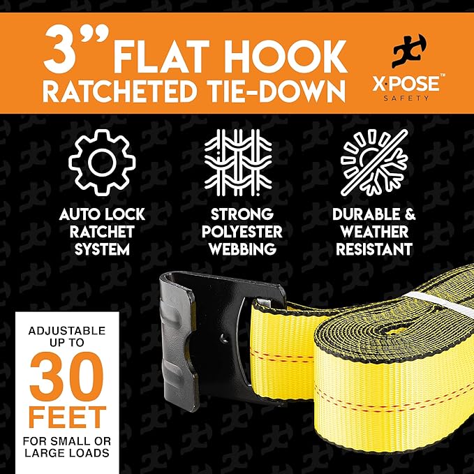 Ratchet Straps Heavy Duty 3" x 30' – 16,200 lbs Break Strength Tie Down Straps with Flat Hooks, Ratcheting Cargo Straps for Truck, Trailer, Kayak, Motorcycle & Moving – 10 Pack