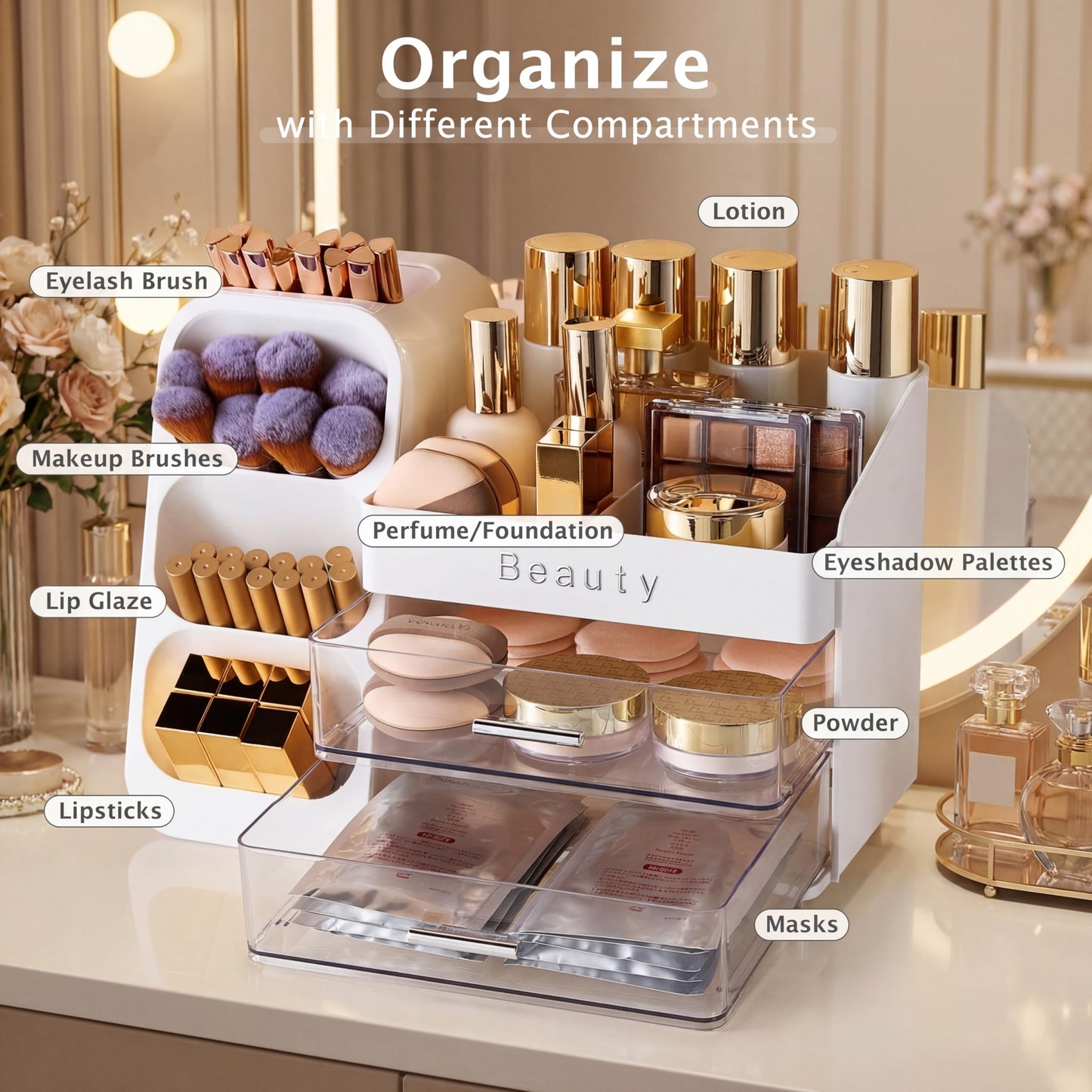 SYFIS Makeup Organizer for Vanity with Brush Holder, Countertop Makeup organizer with Drawers for Skincare, Cosmetics, Perfumes, Eyeshadow Palettes, Spacious Cosmetic storage organizer