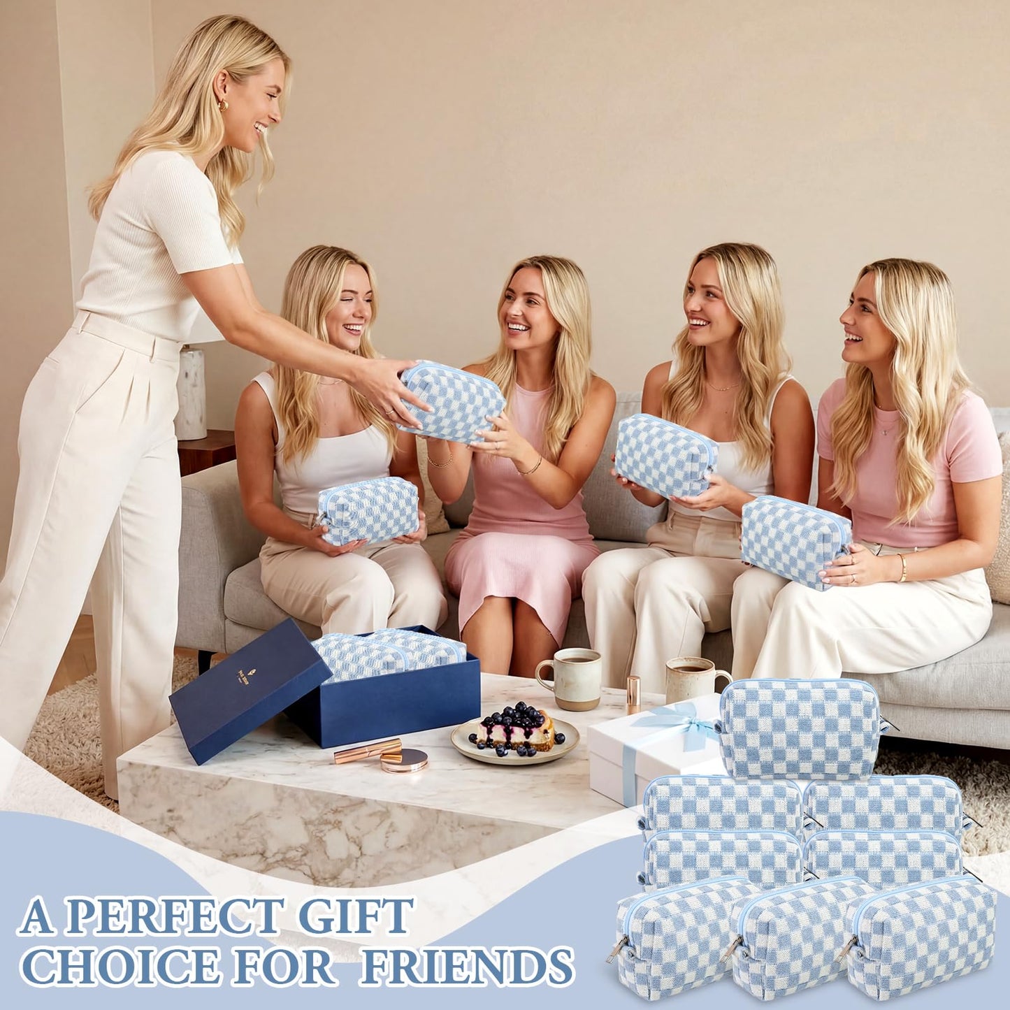Gilprop 8 Pcs Checkered Makeup Bag for Purse Small Cosmetic Pouch Bulk Portable Zipper Makeup Pouch Travel Toiletry Organizer Gifts for Women Bridesmaid Wedding Party Favors (Blue)