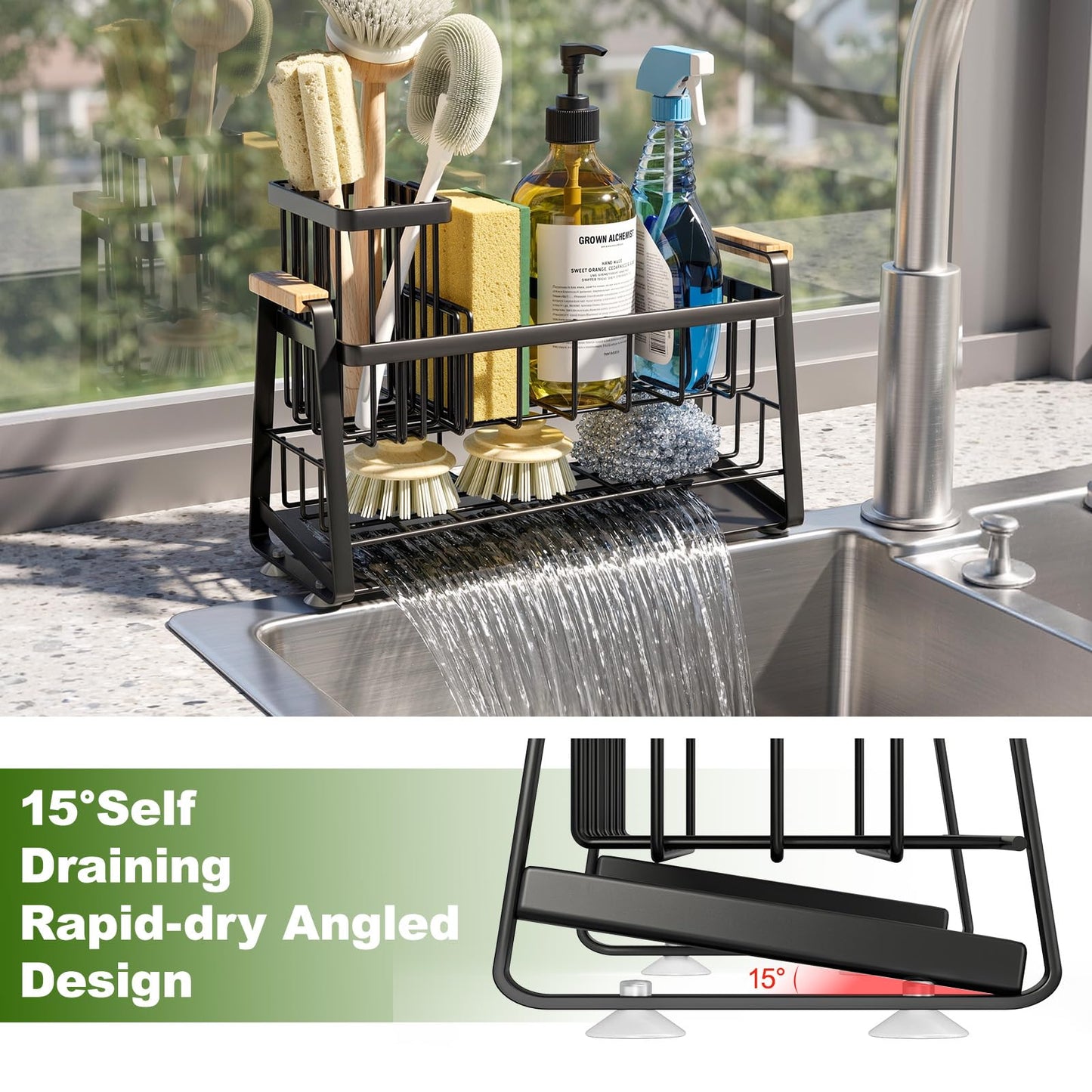 Housolution Sink Caddy Organizer, 2-Tier Sponge Holder for Kitchen Sink with Flexible High Brush Holder, Kitchen Countertop Storage Accessories, Soap Dispenser Organizer, Rustproof