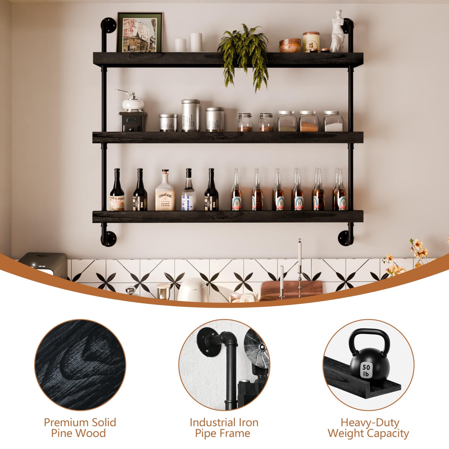 Anynice Industrial Wine Rack Wall Mounted, Solid Wood Shelf with Metal Pipe Brackets, 3-Tier Rustic Hanging Organizer for Wine Bottle Storage in Kitchen, Bar, Pub, Cellar(Black, 48 Inch)