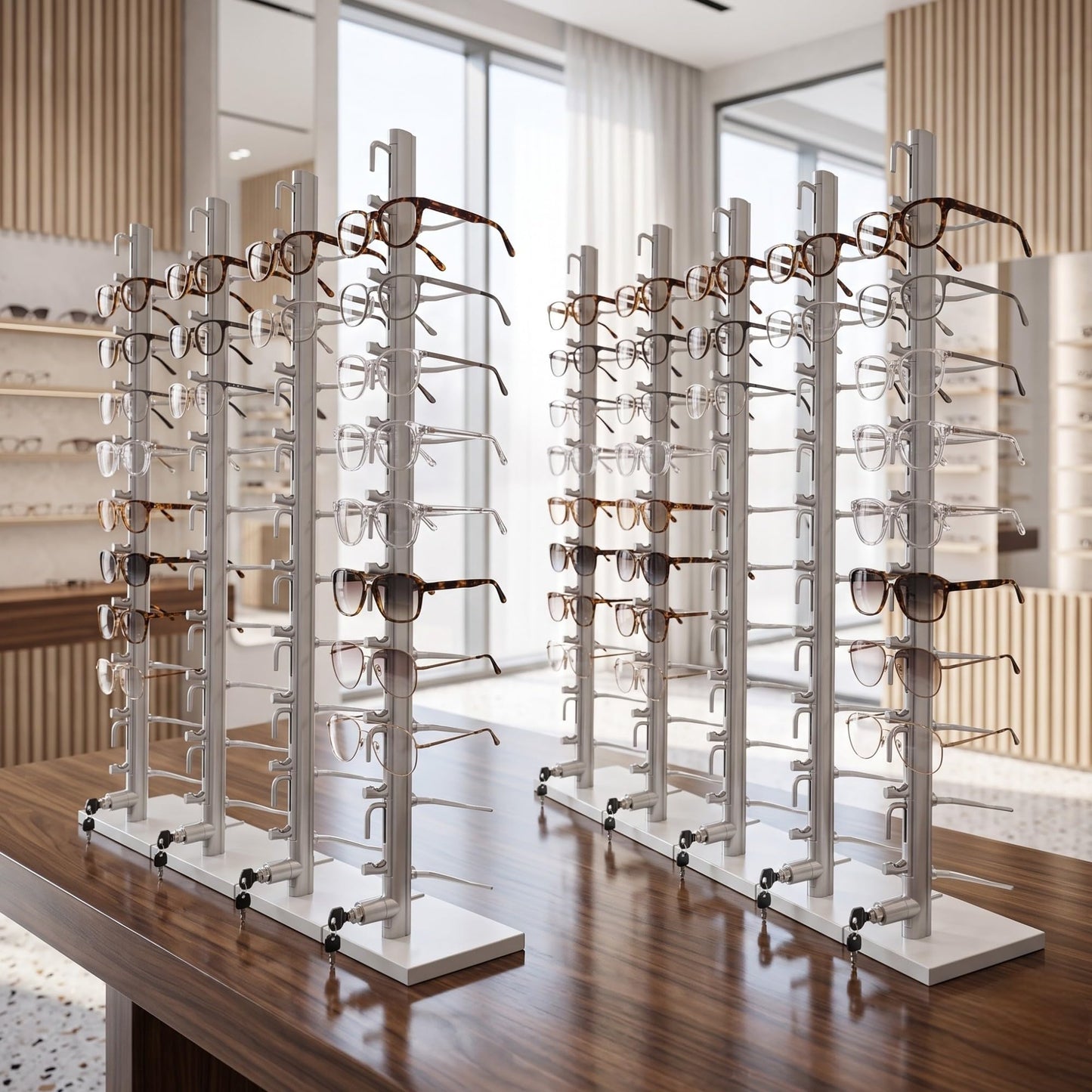 Modular Locking Optical Display – Countertop Rack – Steel & Plastic – Secure Retail and Sunglass Display (30 Frame Capacity)