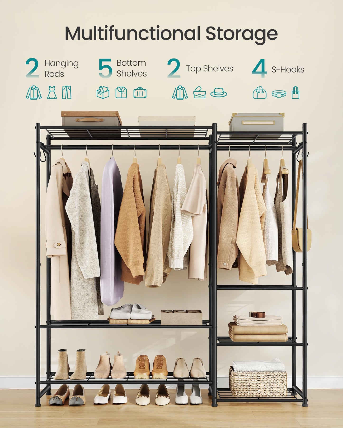 SONGMICS Portable Closet Wardrobe, Clothes Rack, Closet Organizers and Storage, Freestanding Clothing Rack with 7 Shelves, 2 Hanging Rods, Metal Frame Rack, for Bedroom, Entryway, Black ULGR010BZ03S
